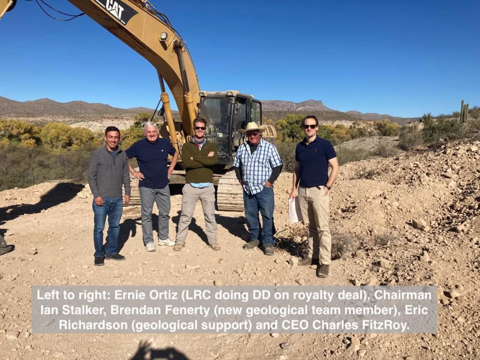 The team is standing in front of Eric’s digger at Basin East, which is rehabilitating one of the drill sites so that the ground is returned to how it was before we commenced drilling.